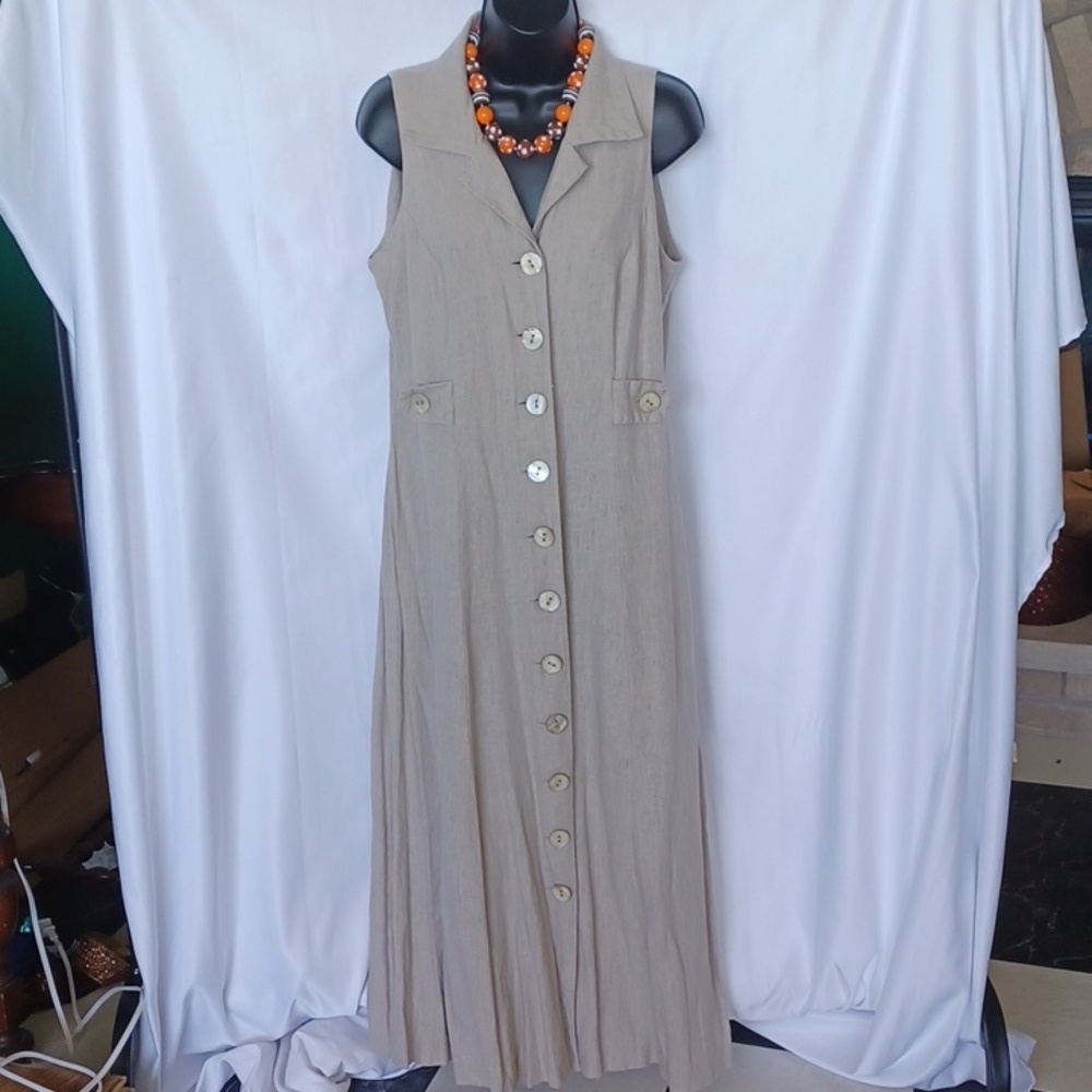 Virgo II Vintage Tan/Khaki Linen blend Sleeveless Shirt Dress, Maxi, sz 12